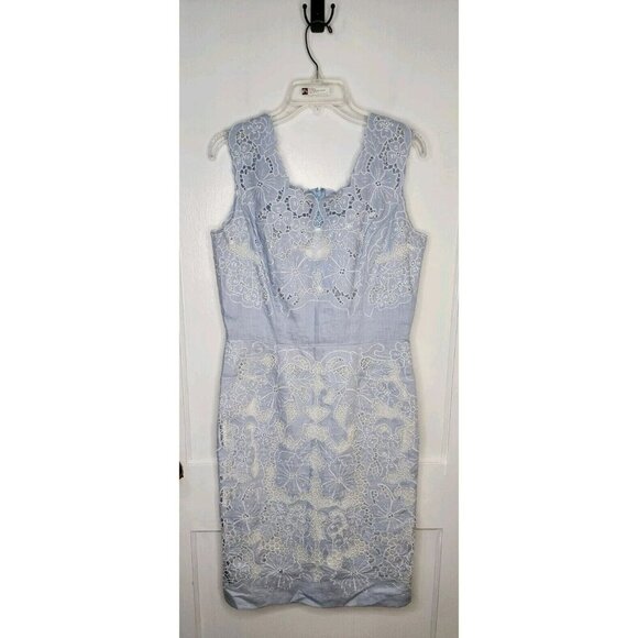 J. Peterman Dress Sheath Ice Blue 100% Linen Cutout Lace Floral Size 10 - Picture 1 of 6